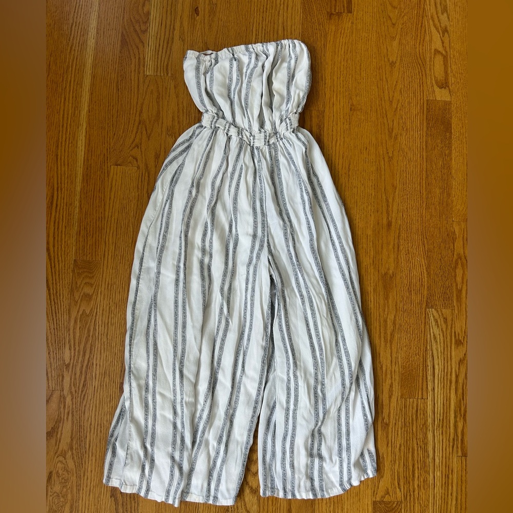 silence + noise White Strapless Wide-Leg Jumpsuit with Gray Stripes